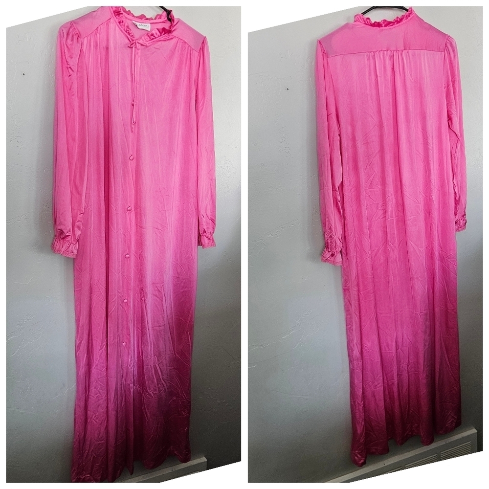 Miss Elaine's Vintage Women's Large Vibrant Pink Ruffle Nightgown Long Sleeve